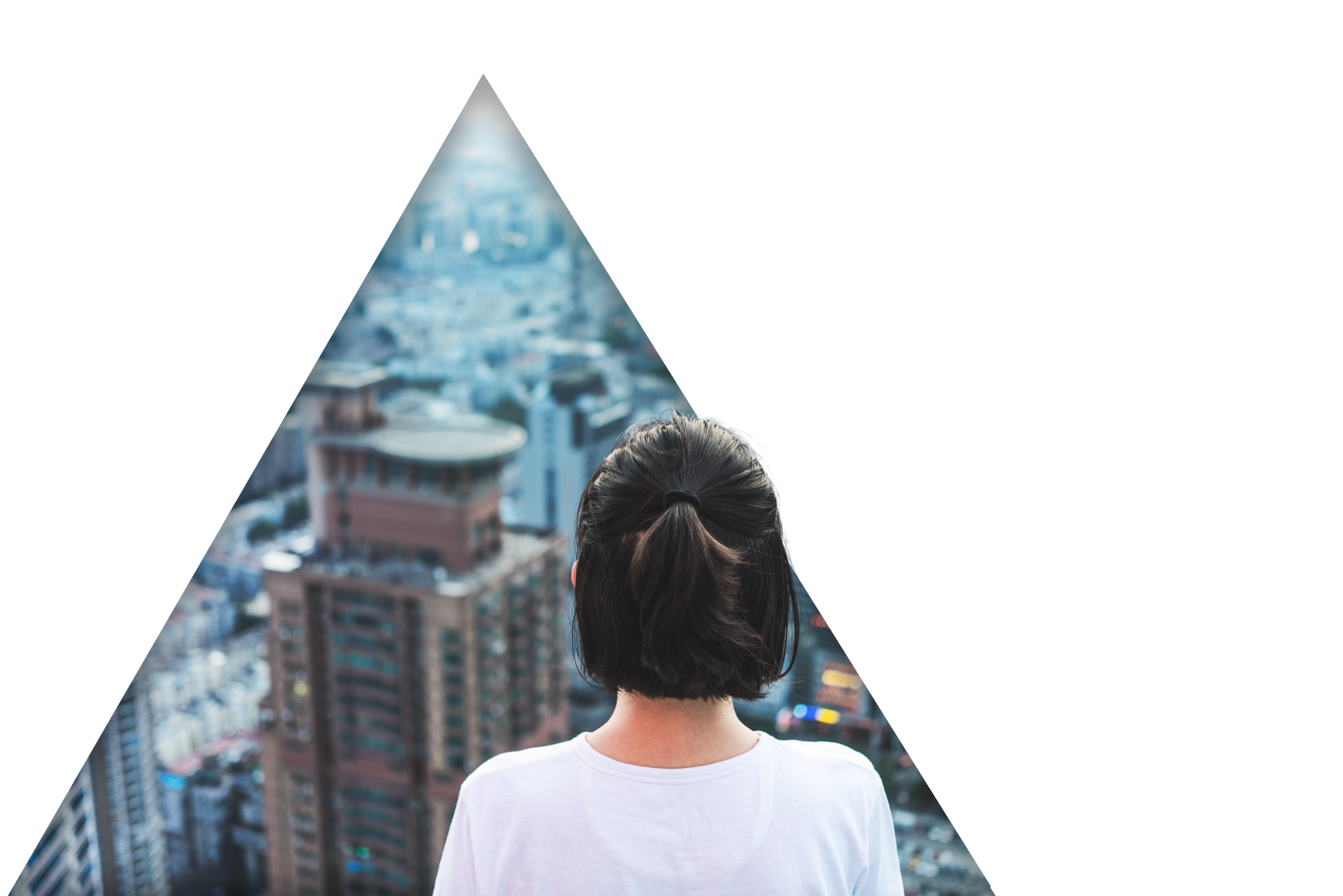 Person viewing a cityscape through a geometric frame